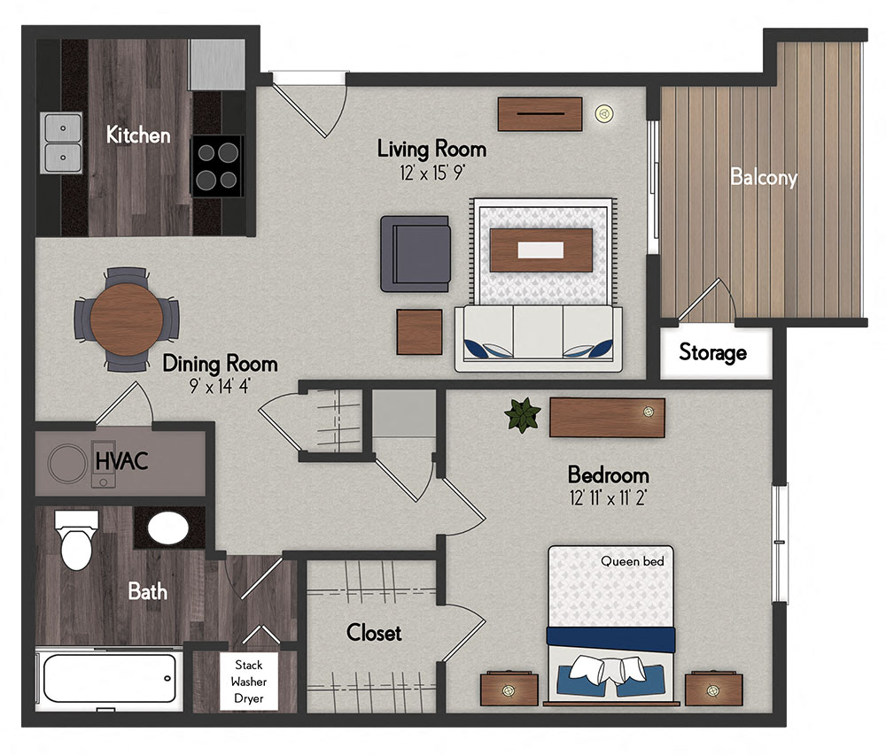 Floor plan for 1 bed, 1 bath, 680 sqft